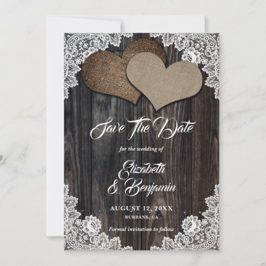Rustieke Country Wood Burlap Bloemen Lace Wedding Save The Date (Voorkant)