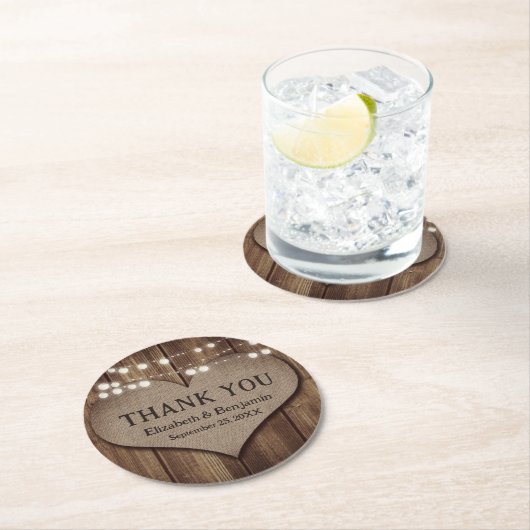 Rustieke Country Wood Burlap Heart Wedding Dank u Ronde Kartonnen Onderzetter (Insitu)