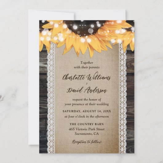 Rustieke Country Wood Burlap Kant Zonnebloem Huwel Kaart (Voorkant)
