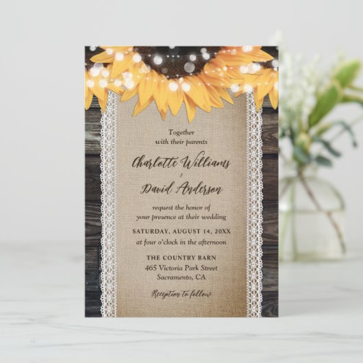 Rustieke Country Wood Burlap Kant Zonnebloem Huwel Kaart (Staand voorkant)