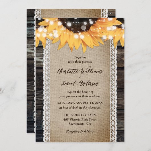 Rustieke Country Wood Burlap Kant Zonnebloem Huwel Kaart (Voorkant / Achterkant)