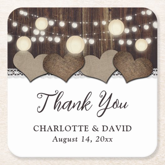 Rustieke Country Wood Burlap Lace Lantaarn bruilof Kartonnen Onderzetters (Voorkant)