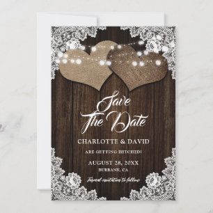 Rustieke Country Wood Hearts Bloemen Lace Wedding Save The Date