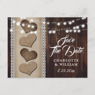 Rustieke Country Wood Hearts String Lights Wedding Aankondigingskaart