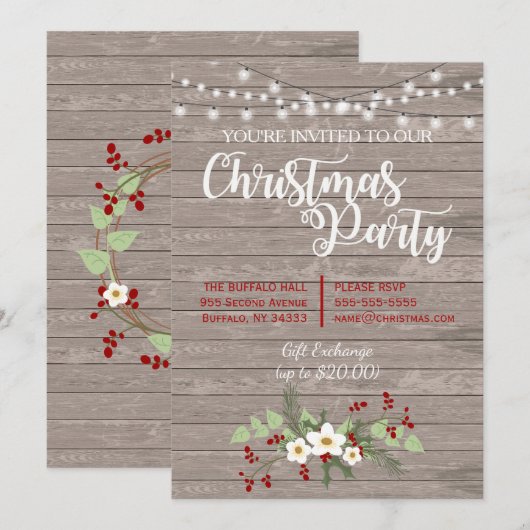 Rustieke Country Wood Kerstmis Red Holly Uitnodigi Kaart (Voorkant / Achterkant)