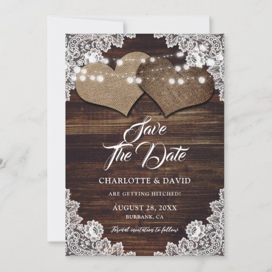 Rustieke Country Wood Lace Krijgen Hits Wedding Save The Date (Voorkant)