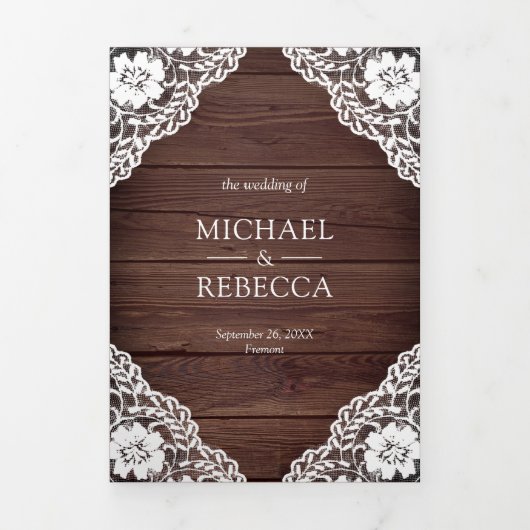 Rustieke Country Wood Lace String Lights Wedding Drieluik Uitnodiging (Cover)