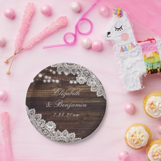 Rustieke Country Wood Lace String Lights Wedding Papieren Bordje (Feest)