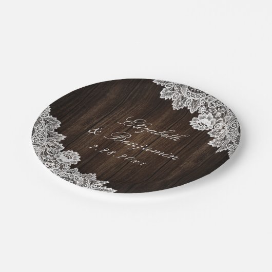 Rustieke Country Wood Lace String Lights Wedding Papieren Bordje (Gekanteld)