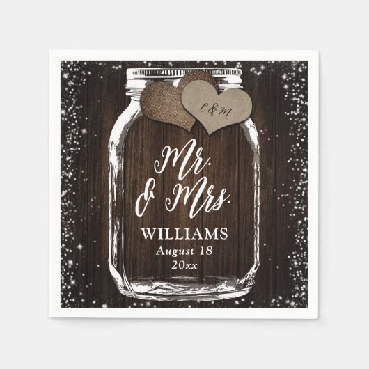 Rustieke Country Wood Mason Jar Mr. & Mrs Wedding Servet (Voorkant)
