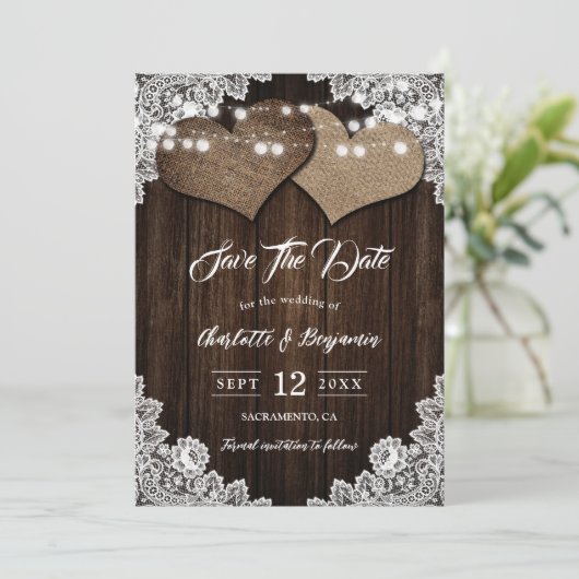 Rustieke Country Wood String Lights Bloemenkant Save The Date (Staand voorkant)