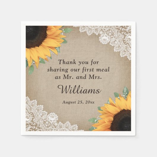 Rustieke County Burlap en Kant Zonnebloem Bruiloft Servet (Voorkant)