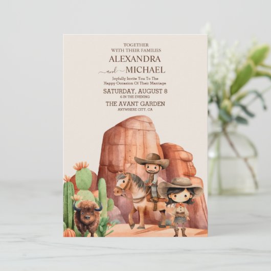 Rustieke  cowboy bruiloft paard cactus kaart (Staand voorkant)