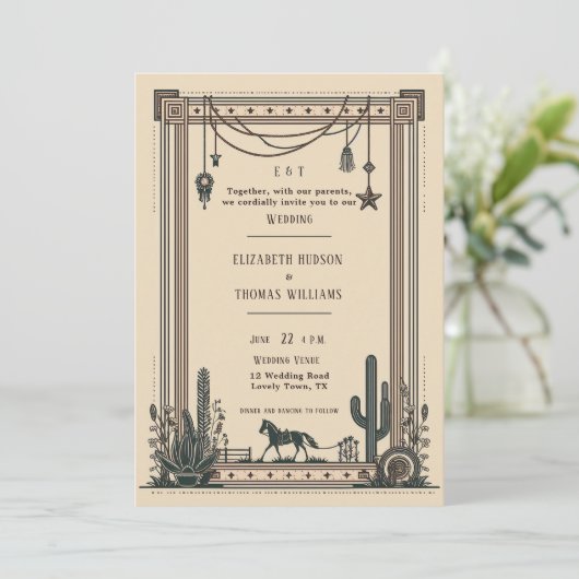 Rustieke  Cowboy bruiloft Paard Cactus Lijst Kaart (Staand voorkant)