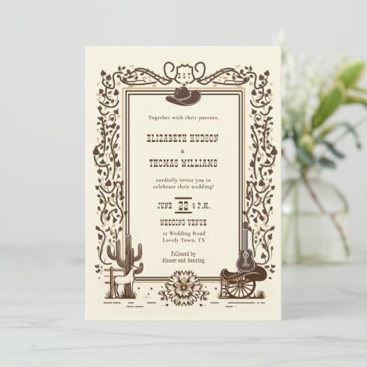 Rustieke  Cowboy Bruiloft Western Botanisch Kaart (Staand voorkant)