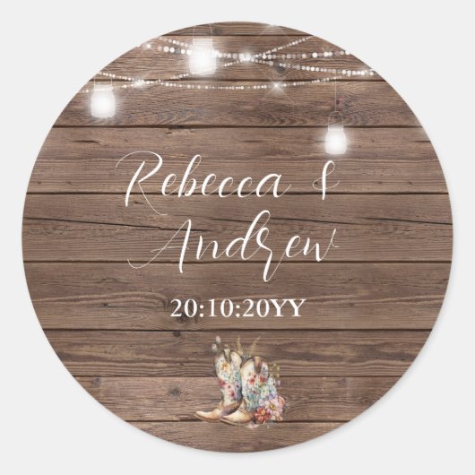 Rustieke Cowboy Cowgirl Laarzen String Lights Wedd Ronde Sticker (Voorkant)