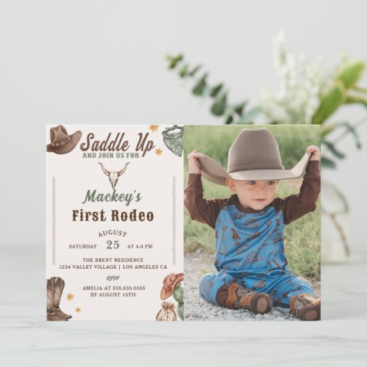 Rustieke cowboy eerste rodeo 1e verjaardag foto kaart (Staand voorkant)