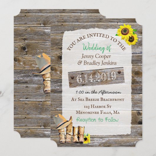 Rustieke Cowboy Laarzen en Pet Zonnebloem Huwelijk Kaart (Voorkant / Achterkant)