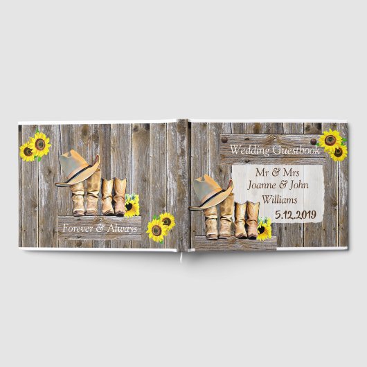 Rustieke Cowboy Laarzen en Zonnebloem Huwelijk Gastenboek (Volledig)