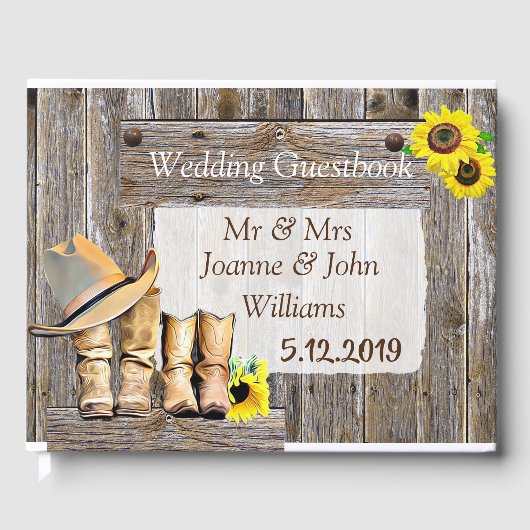 Rustieke Cowboy Laarzen en Zonnebloem Huwelijk Gastenboek (Voorkant)