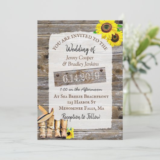 Rustieke Cowboy Laarzen en Zonnebloemen Trouwen Kaart (Staand voorkant)