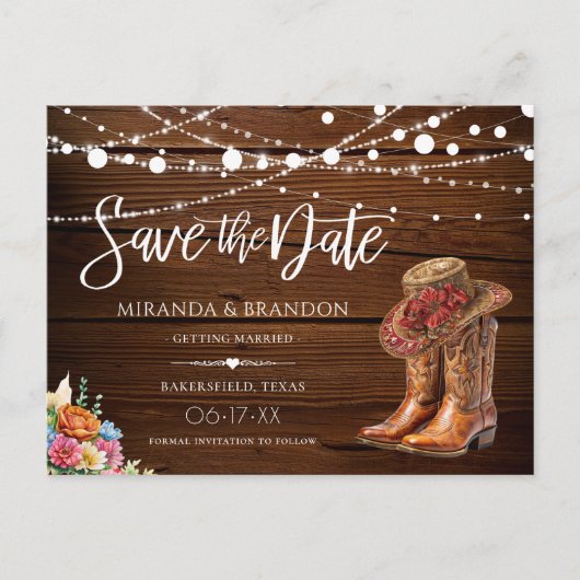 Rustieke Cowboy Laarzen Westerne bruiloft Save the Aankondigingskaart (Voorkant)