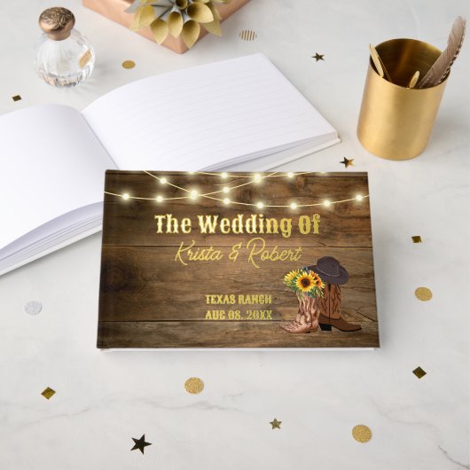 Rustieke Cowboy Laarzen Zonnebloem Westerne bruilo Gastenboek (Voorkant open)