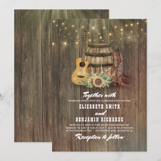 Rustieke cowboy laarzen zonnebloem wijn vat bruilo kaart (Voorkant / Achterkant)