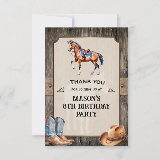 Rustieke Cowboy Paardrijden Verjaardagsfeestje Bedankkaart (Voorkant)