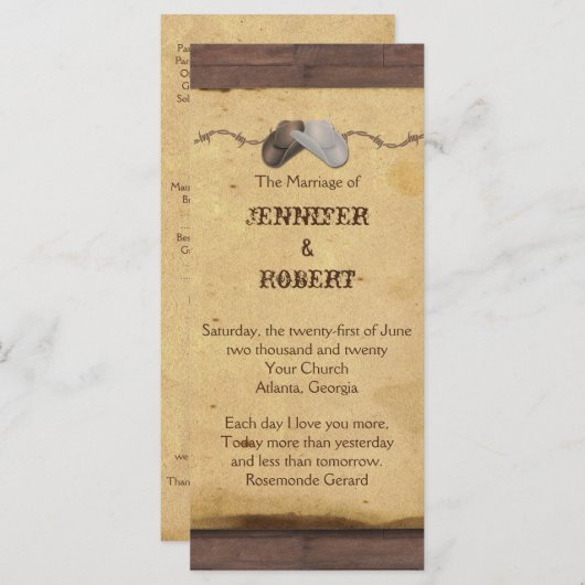 Rustieke Cowboy Petten Prikkeldraad Trouwprogramma Programmakaart (Voorkant / Achterkant)