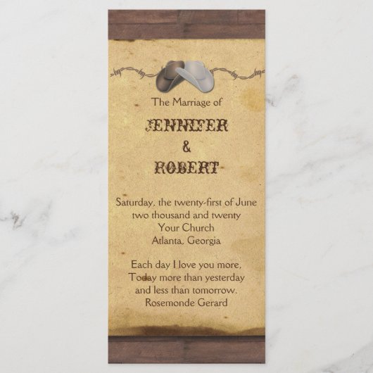 Rustieke Cowboy Petten Prikkeldraad Trouwprogramma Programmakaart (Voorkant)