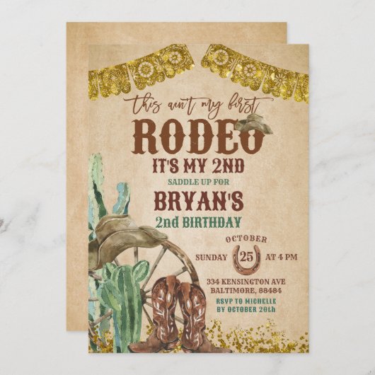 Rustieke cowboy Rodeo 2e verjaardag uitnodiging (Voorkant / Achterkant)