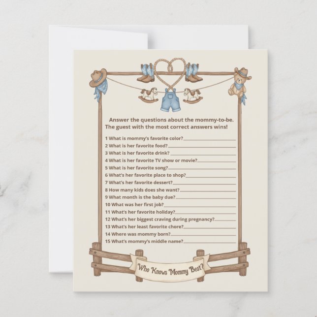 Rustieke Cowboy Wie kent Mama Beste Game Kaart (Voorkant)