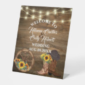Rustieke Cowboy Zonnebloem Western Bruiloft Welkom Reclamebord Met Voetstuk (Voorkant)