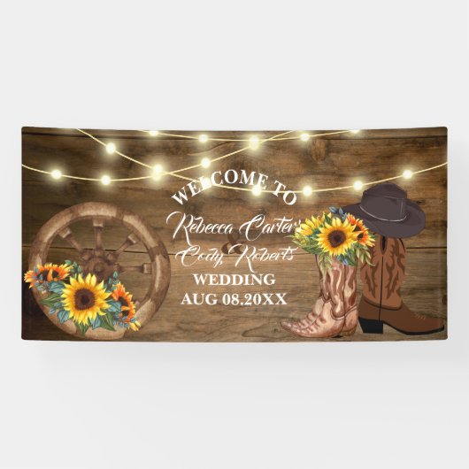 Rustieke Cowboy Zonnebloem Western Bruiloft Welkom Spandoek (Horizontaal)