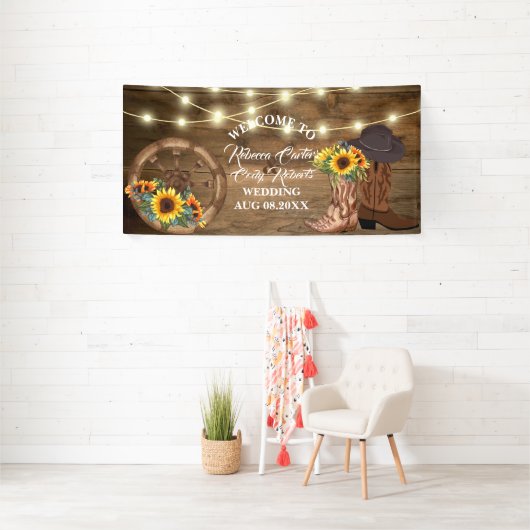 Rustieke Cowboy Zonnebloem Western Bruiloft Welkom Spandoek (Insitu)