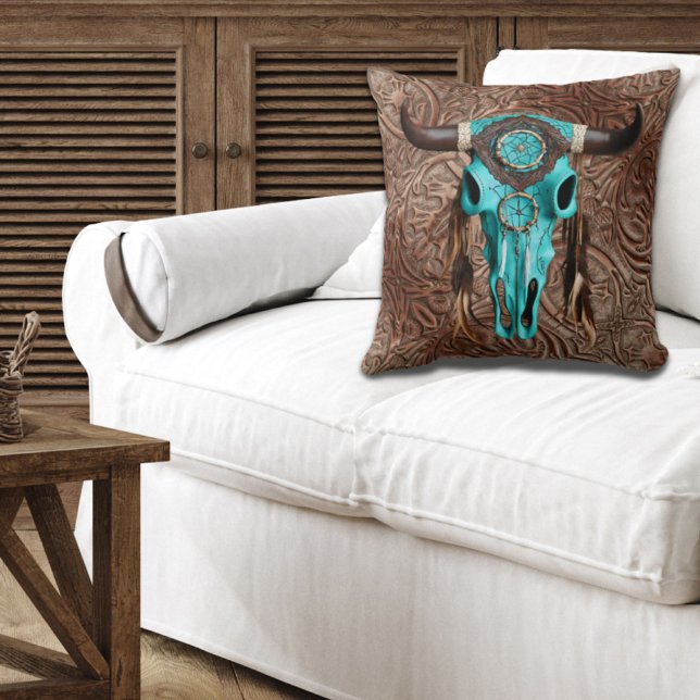 Rustieke Cowboy Zuidwest Turquoise Bull Skull Kussen (Creator heeft geüpload)