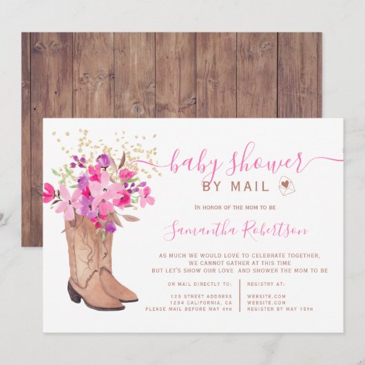 Rustieke cowboylaarzen floraal baby shower per pos kaart (Voorkant / Achterkant)