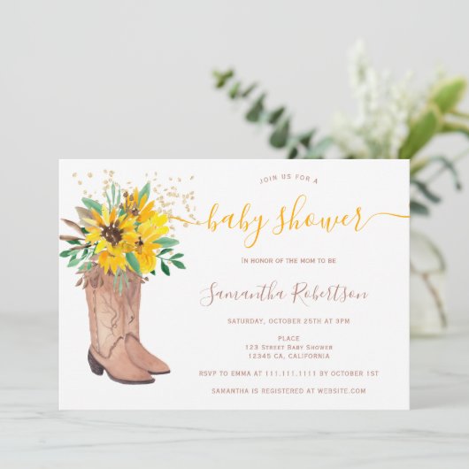 Rustieke cowboylaarzen waterverf herfst baby showe kaart (Staand voorkant)