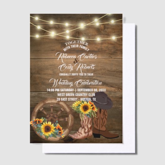 Rustieke cowboylaarzen Zonnebloem Westerne bruilof Vellum Uitnodigingen (Offset)