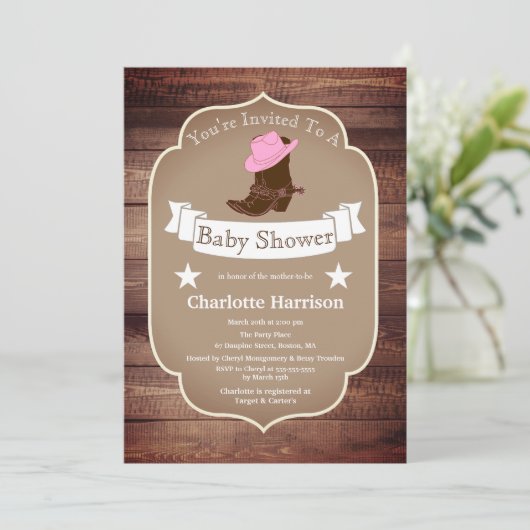 Rustieke Cowgirl Boots & Barn Wood Baby shower Kaart (Staand voorkant)