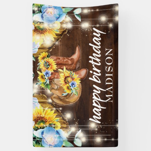 Rustieke Cowgirl Boots String Lights Verjaardag Spandoek (Verticaal)