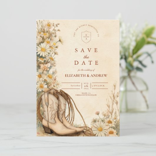 Rustieke Cowgirl Boots Wildflower Wedding Save The Date (Staand voorkant)