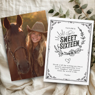 Rustieke Cowgirl Zwart en Wit Sweet Sixteen Foto Bedankkaart