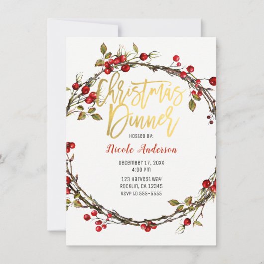 Rustieke Cranberry Berries Krans Kerstdiner Kaart (Voorkant)