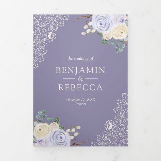 Rustieke Cream Lavendel Paarse Bloemen Kant Bruilo Drieluik Uitnodiging (Cover)
