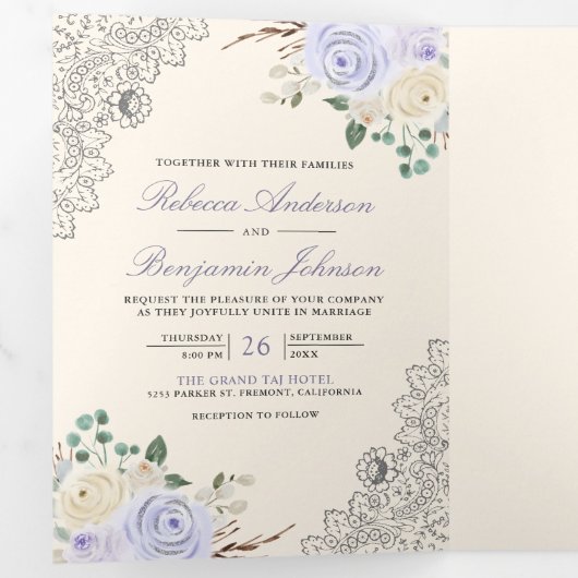 Rustieke Cream Lavendel Paarse Bloemen Kant Bruilo Drieluik Uitnodiging (Binnenzijde eerst)