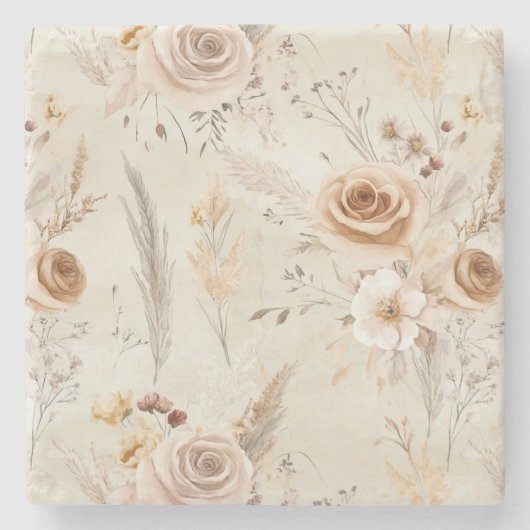 Rustieke Crème Boho Bloemen Stenen Onderzetter (Voorkant)