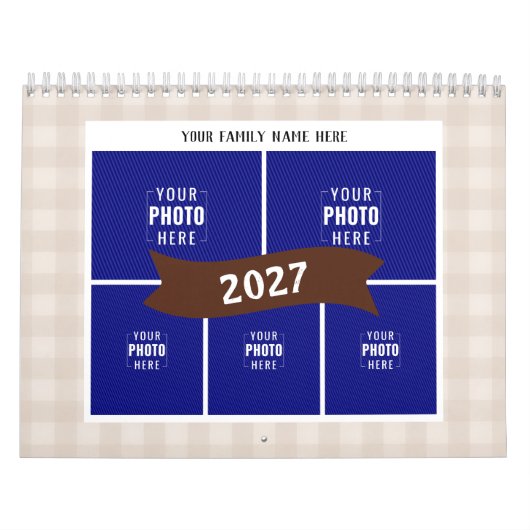 Rustieke Crème Gingham Multi Foto Familie Kalender (Hoes)