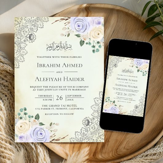 Rustieke crème Paarse bloemenkant moslim bruiloft Kaart